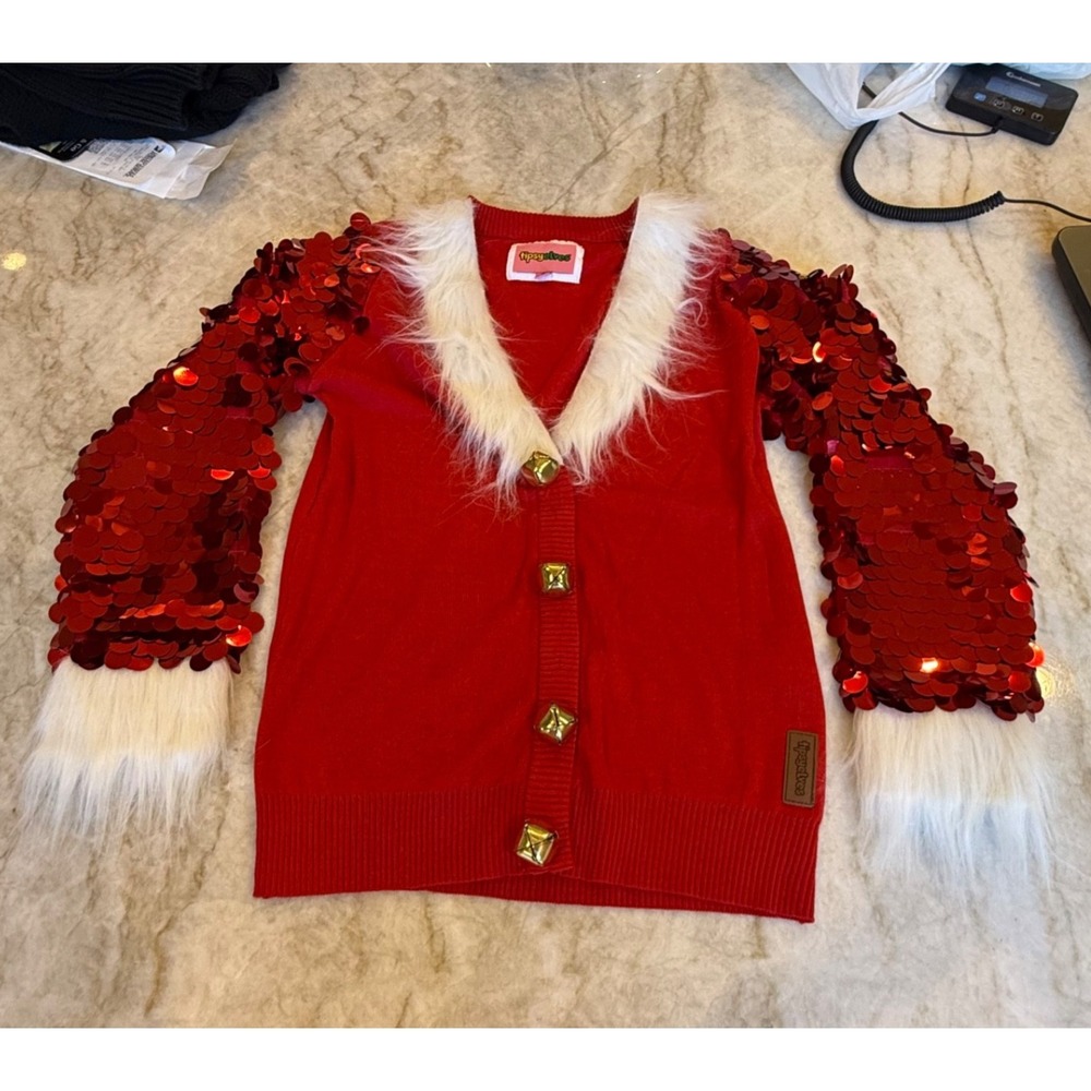 Tipsy Elves Santa Sweater with Faux Fur, Jingle Bells, Sequins NWOT; Red Size XS
